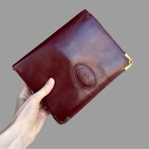 VINTAGE 80s CARTIER Bordeaux Brown Leather Wristlet Accordion Flap Clutch Bag